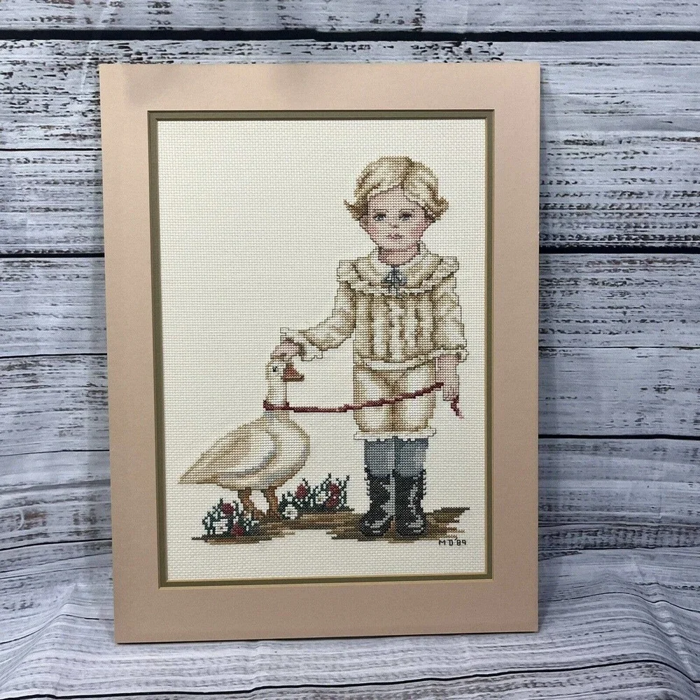 Vintage Finished Cross Stitch English Victorian Boy w/ Duck 1989 16x12